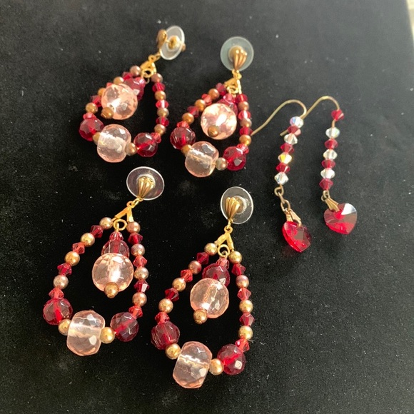 Three pairs of Handmade Red/Pink Beaded Dangle/Drop Earrings - Picture 1 of 4